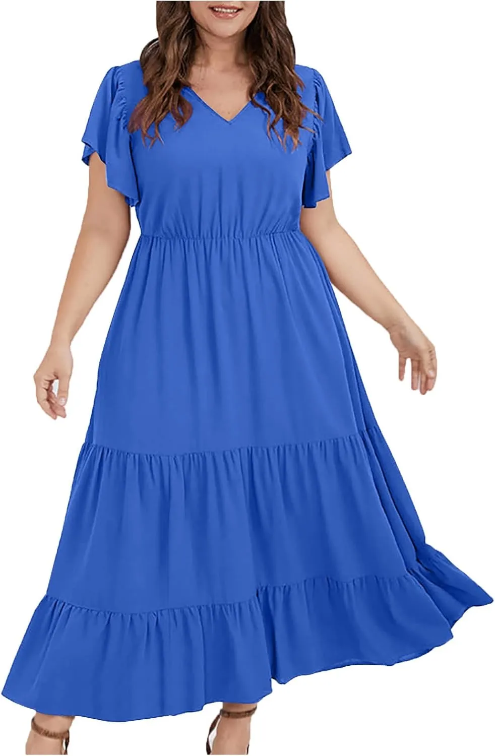 Womens V Neck Dresses Casual Short Sleeve Solid Midi Dress Plus Size Lightweight Elegant High Waist Dress Daily Wear
