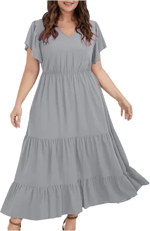 Womens V Neck Dresses Casual Short Sleeve Solid Midi Dress Plus Size Lightweight Elegant High Waist Dress Daily Wear