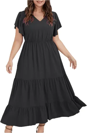 Womens V Neck Dresses Casual Short Sleeve Solid Midi Dress Plus Size Lightweight Elegant High Waist Dress Daily Wear