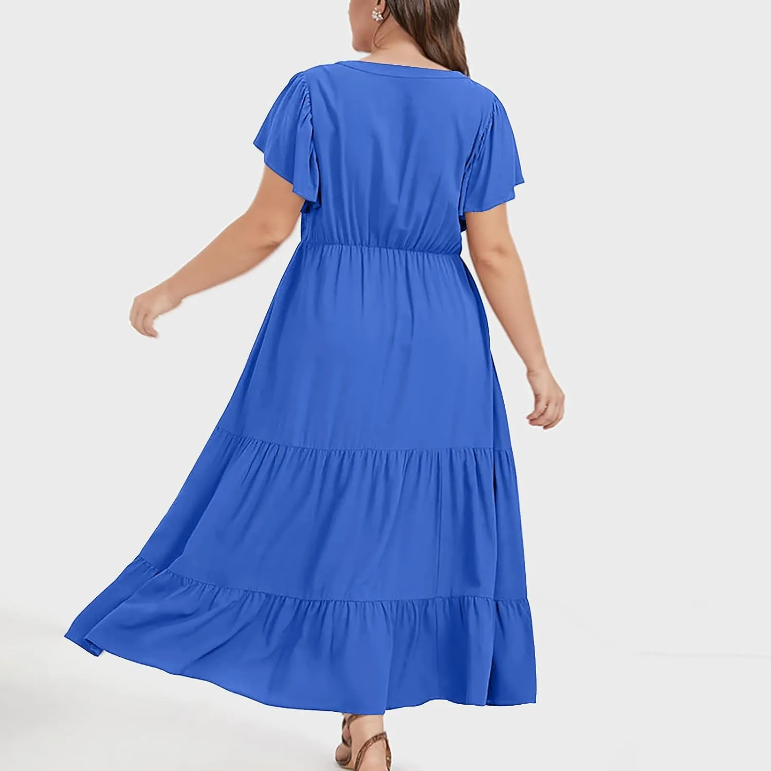 Womens V Neck Dresses Casual Short Sleeve Solid Midi Dress Plus Size Lightweight Elegant High Waist Dress Daily Wear