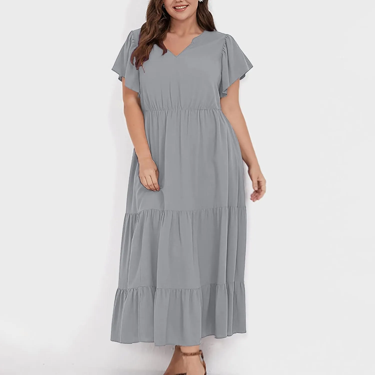Womens V Neck Dresses Casual Short Sleeve Solid Midi Dress Plus Size Lightweight Elegant High Waist Dress Daily Wear