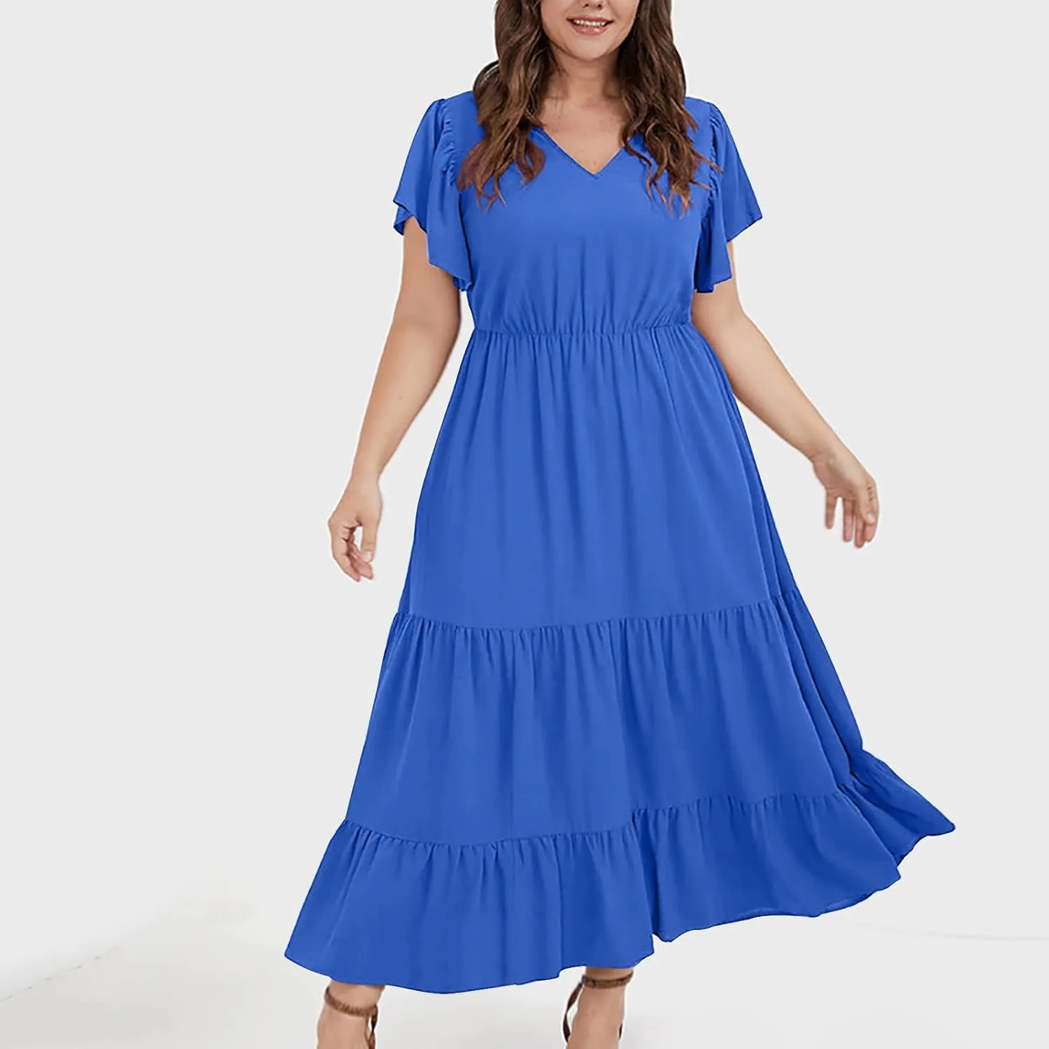 Womens V Neck Dresses Casual Short Sleeve Solid Midi Dress Plus Size Lightweight Elegant High Waist Dress Daily Wear