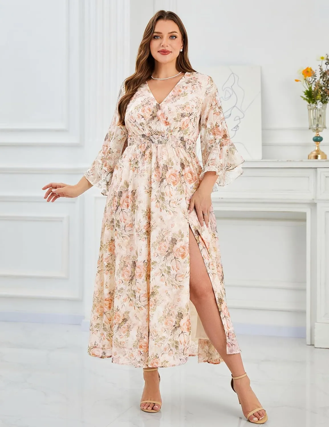 Women's V Neck Floral Dress Bell Half Sleeve Smocked Waist Side Split Flowy A Line Maxi Wedding Guest Dresses