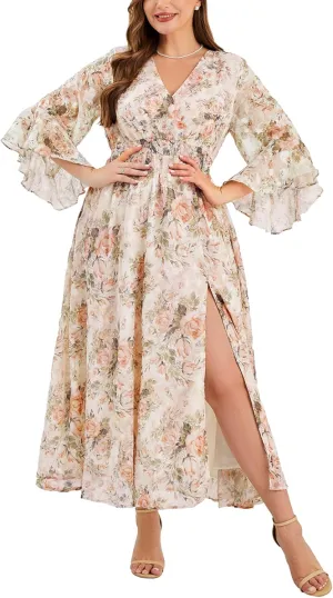Women's V Neck Floral Dress Bell Half Sleeve Smocked Waist Side Split Flowy A Line Maxi Wedding Guest Dresses