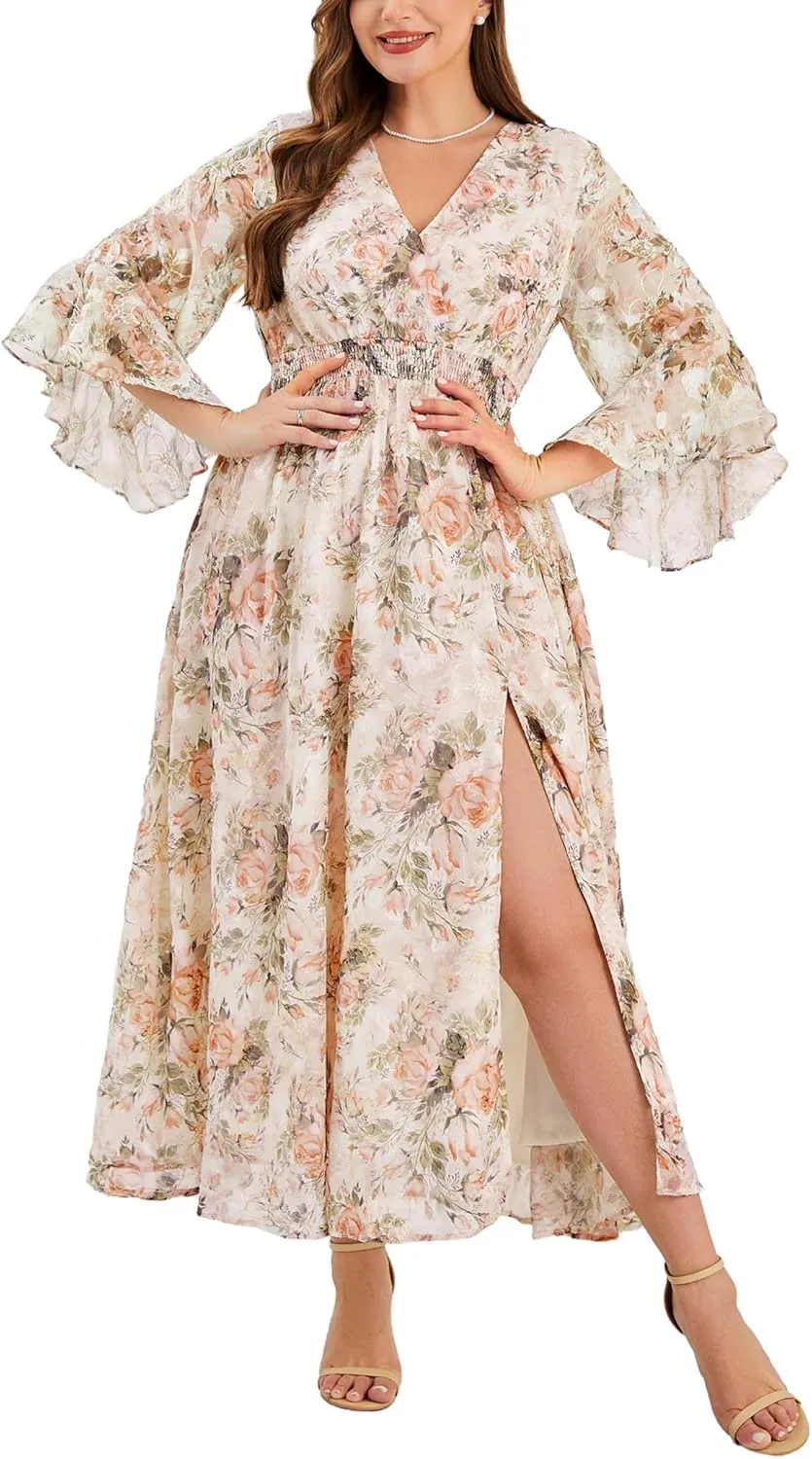 Women's V Neck Floral Dress Bell Half Sleeve Smocked Waist Side Split Flowy A Line Maxi Wedding Guest Dresses