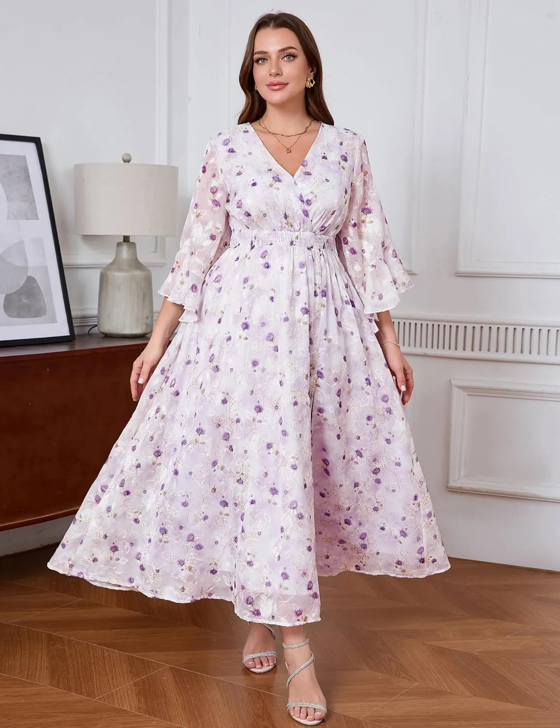 Women's V Neck Floral Dress Bell Half Sleeve Smocked Waist Side Split Flowy A Line Maxi Wedding Guest Dresses
