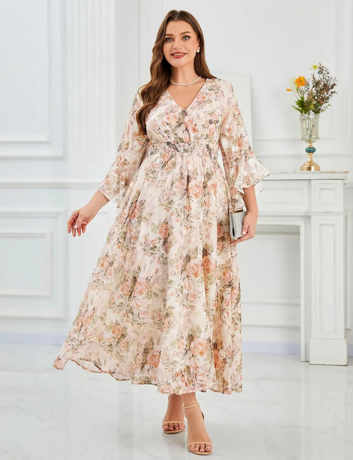 Women's V Neck Floral Dress Bell Half Sleeve Smocked Waist Side Split Flowy A Line Maxi Wedding Guest Dresses