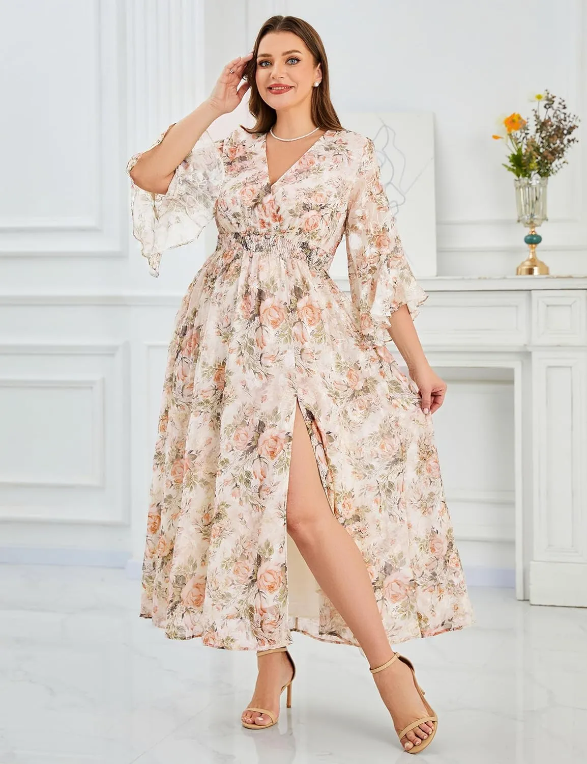 Women's V Neck Floral Dress Bell Half Sleeve Smocked Waist Side Split Flowy A Line Maxi Wedding Guest Dresses