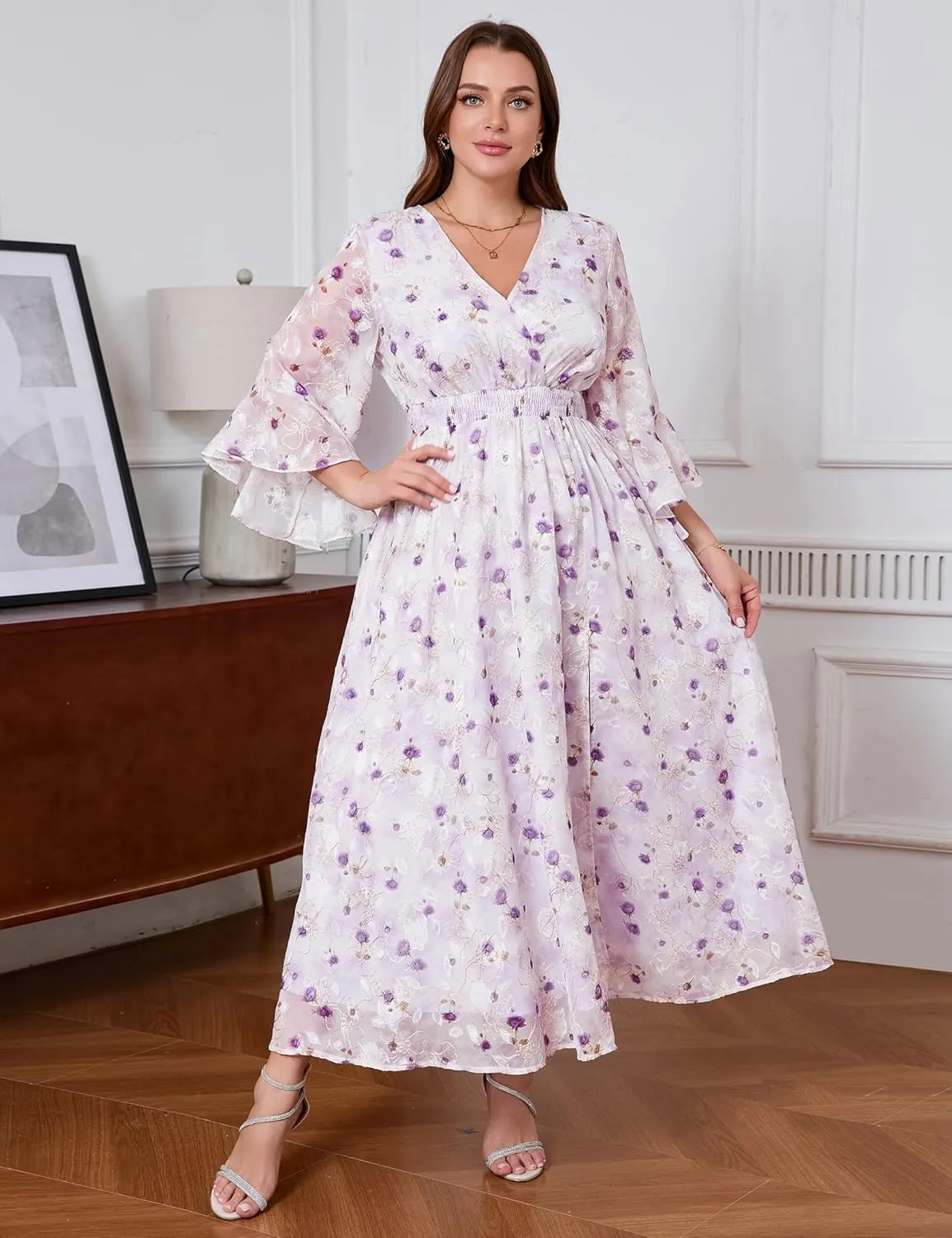Women's V Neck Floral Dress Bell Half Sleeve Smocked Waist Side Split Flowy A Line Maxi Wedding Guest Dresses