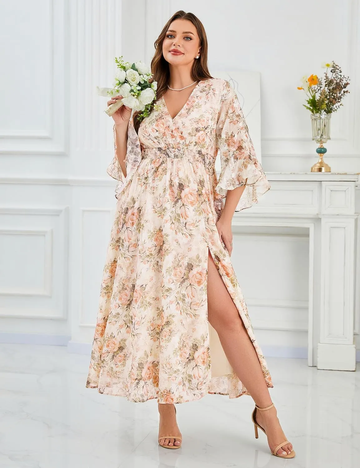 Women's V Neck Floral Dress Bell Half Sleeve Smocked Waist Side Split Flowy A Line Maxi Wedding Guest Dresses
