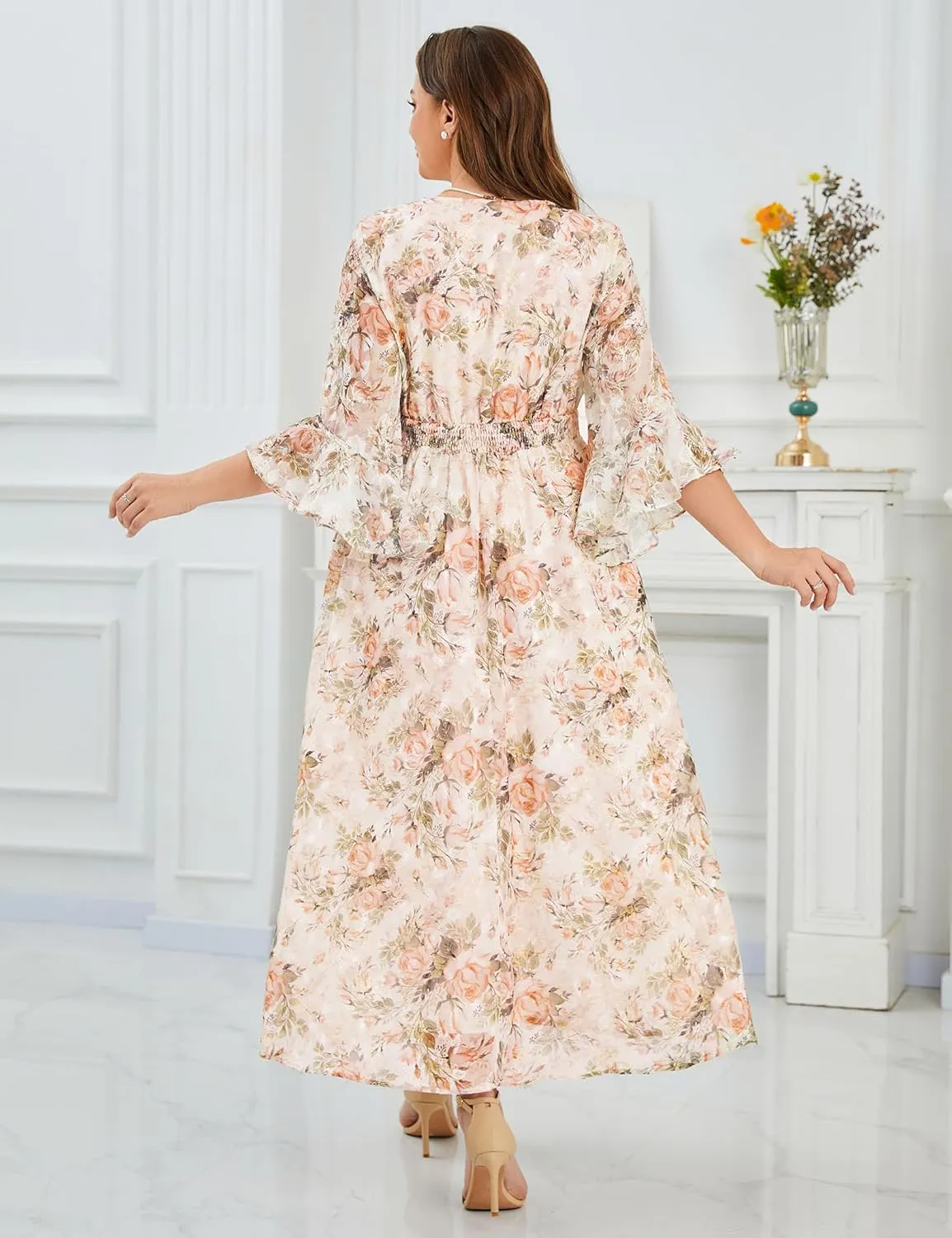 Women's V Neck Floral Dress Bell Half Sleeve Smocked Waist Side Split Flowy A Line Maxi Wedding Guest Dresses