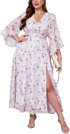 Women's V Neck Floral Dress Bell Half Sleeve Smocked Waist Side Split Flowy A Line Maxi Wedding Guest Dresses