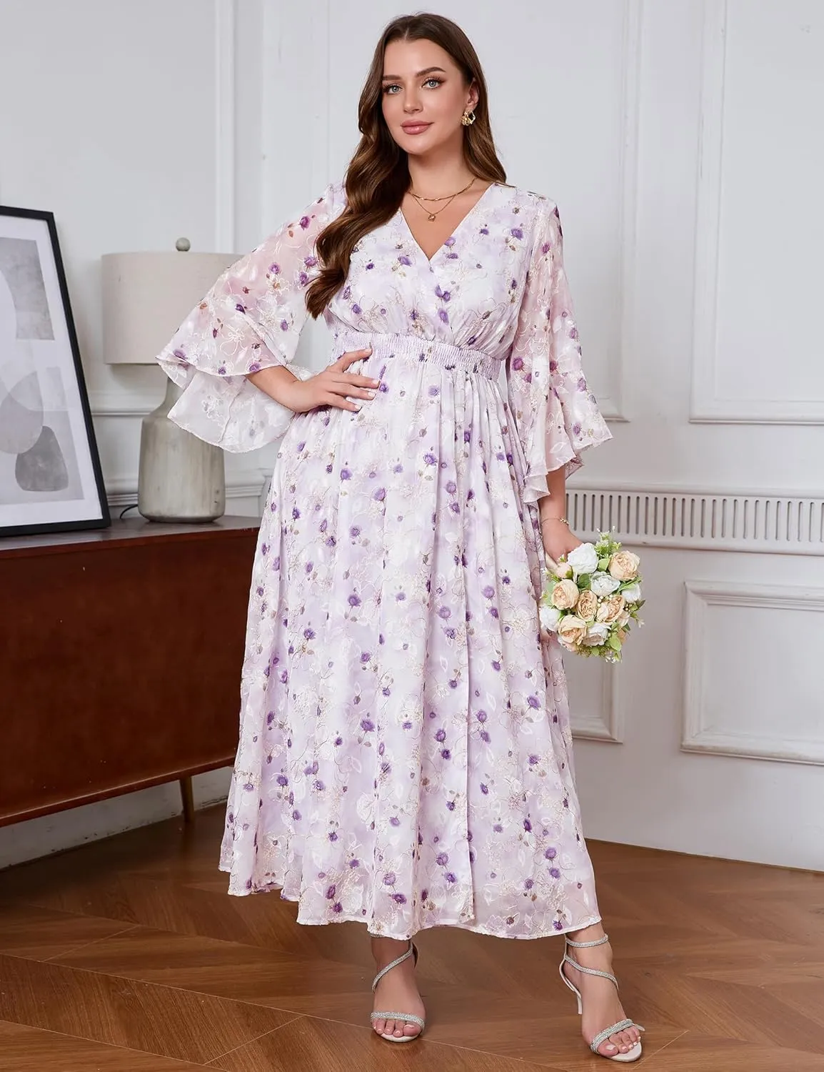 Women's V Neck Floral Dress Bell Half Sleeve Smocked Waist Side Split Flowy A Line Maxi Wedding Guest Dresses