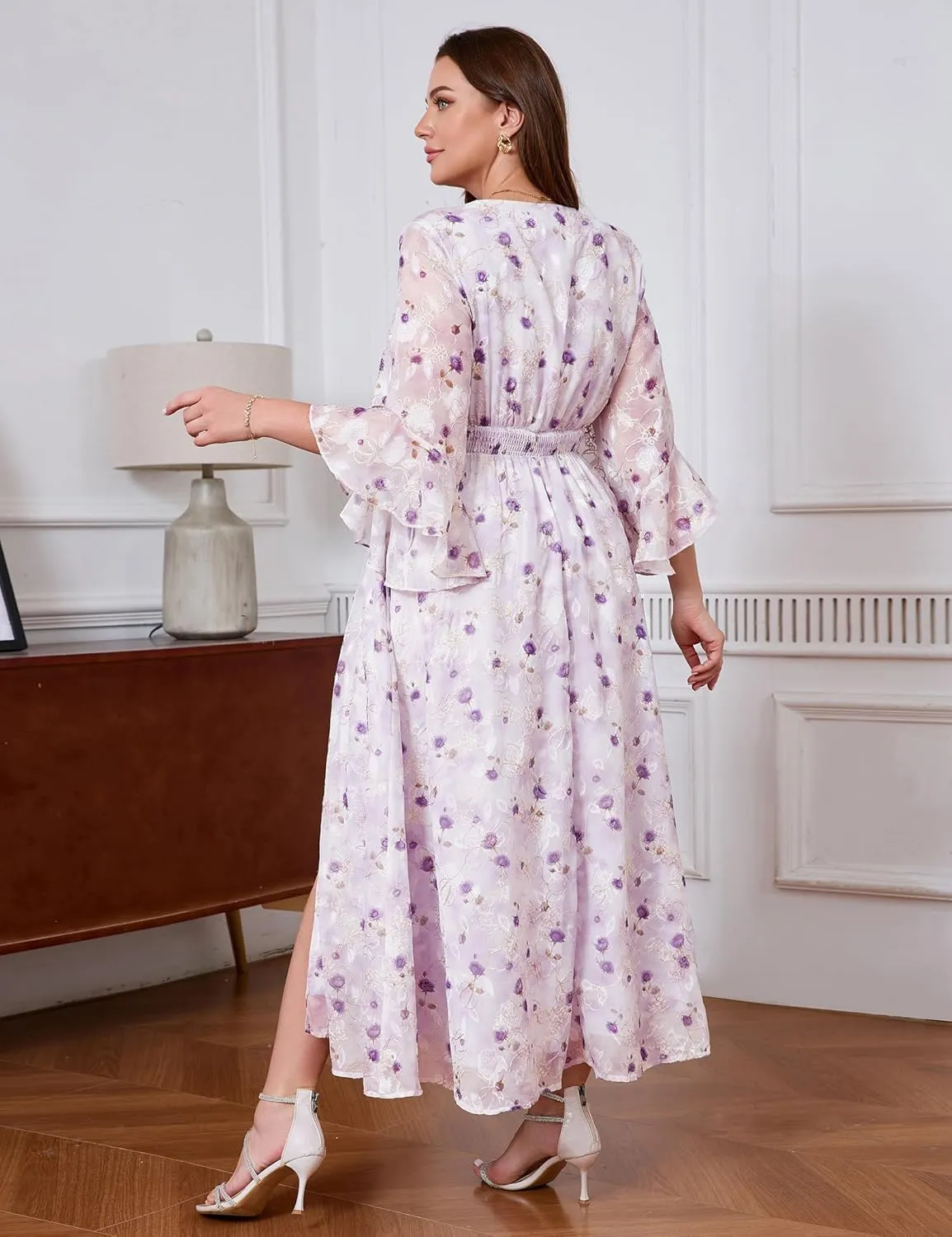 Women's V Neck Floral Dress Bell Half Sleeve Smocked Waist Side Split Flowy A Line Maxi Wedding Guest Dresses