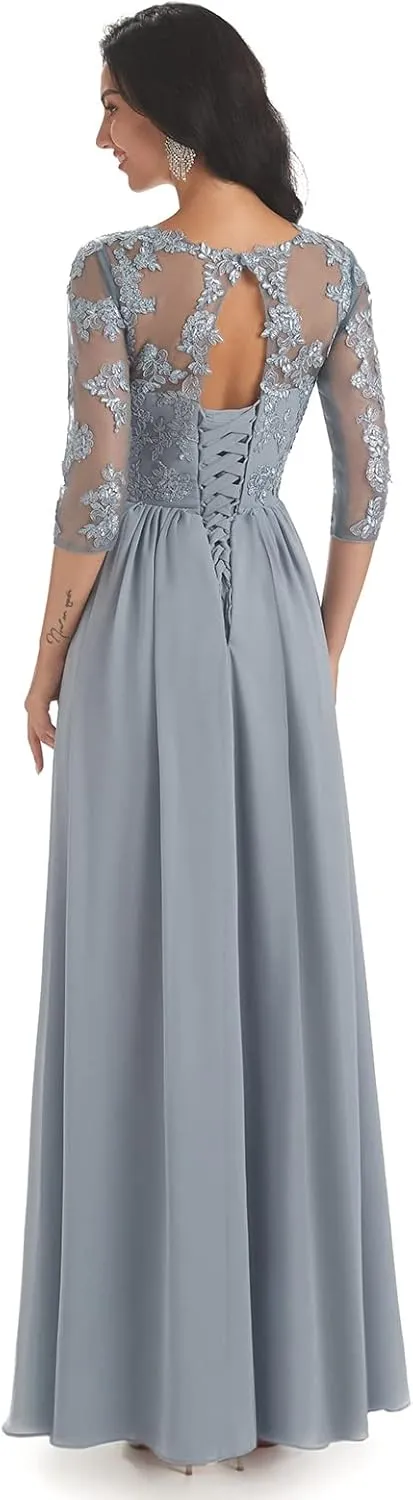 Women's V-Neck Lace Appliques Chiffon Mother of The Bride Dress with Sleeves Long Evening Formal Dress