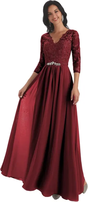 Women's V-Neck Lace Appliques Chiffon Mother of The Bride Dress with Sleeves Long Evening Formal Dress