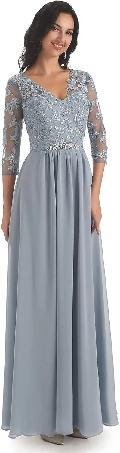 Women's V-Neck Lace Appliques Chiffon Mother of The Bride Dress with Sleeves Long Evening Formal Dress