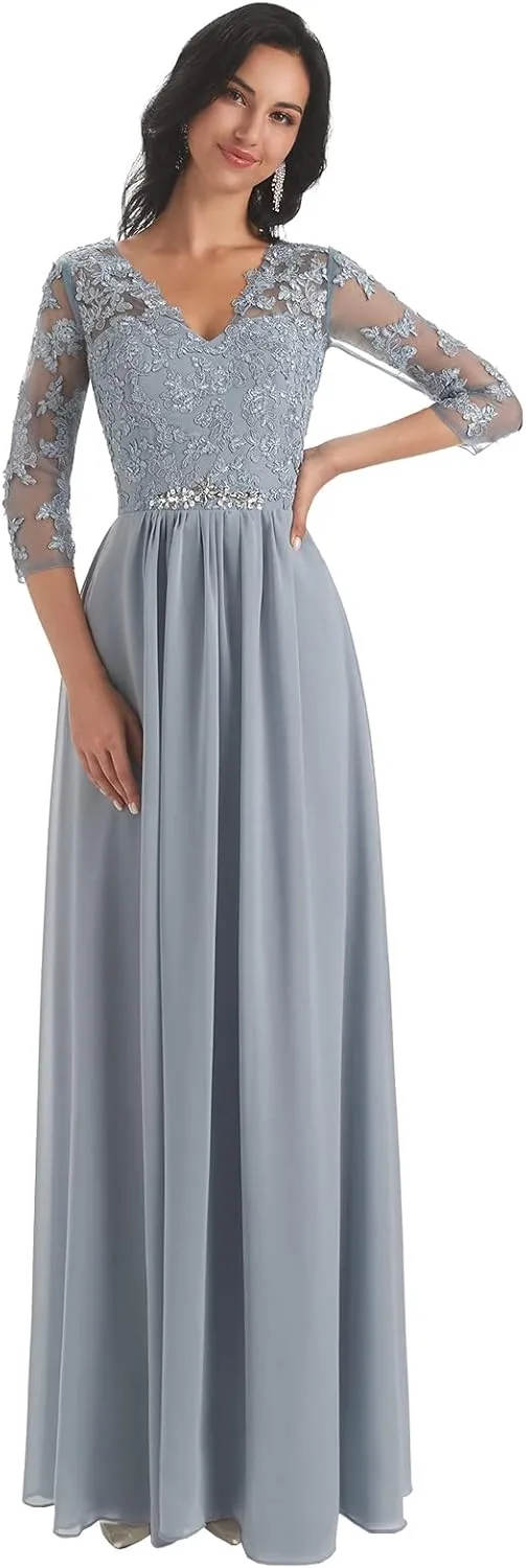 Women's V-Neck Lace Appliques Chiffon Mother of The Bride Dress with Sleeves Long Evening Formal Dress