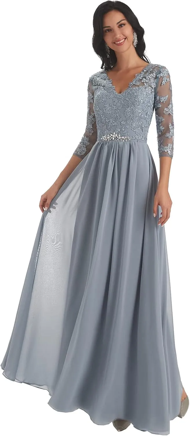 Women's V-Neck Lace Appliques Chiffon Mother of The Bride Dress with Sleeves Long Evening Formal Dress