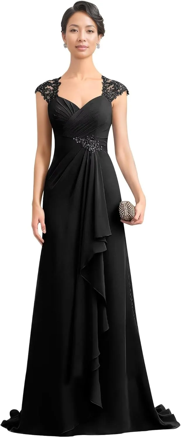 Women's V Neck Mother of The Bride Dress Long Wedding Prom Dress Lace Appliques Chiffon Formal Evening Party Gowns