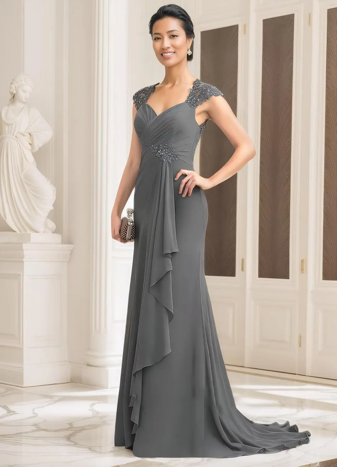 Women's V Neck Mother of The Bride Dress Long Wedding Prom Dress Lace Appliques Chiffon Formal Evening Party Gowns