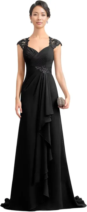 Women's V Neck Mother of The Bride Dress Long Wedding Prom Dress Lace Appliques Chiffon Formal Evening Party Gowns