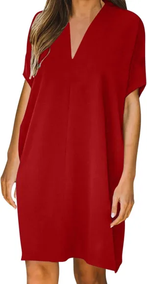 Womens V Neck Short Sleeve Dress Casual Summer T-Shirt Dresses Loose Trendy Solid Sundresses Clothing