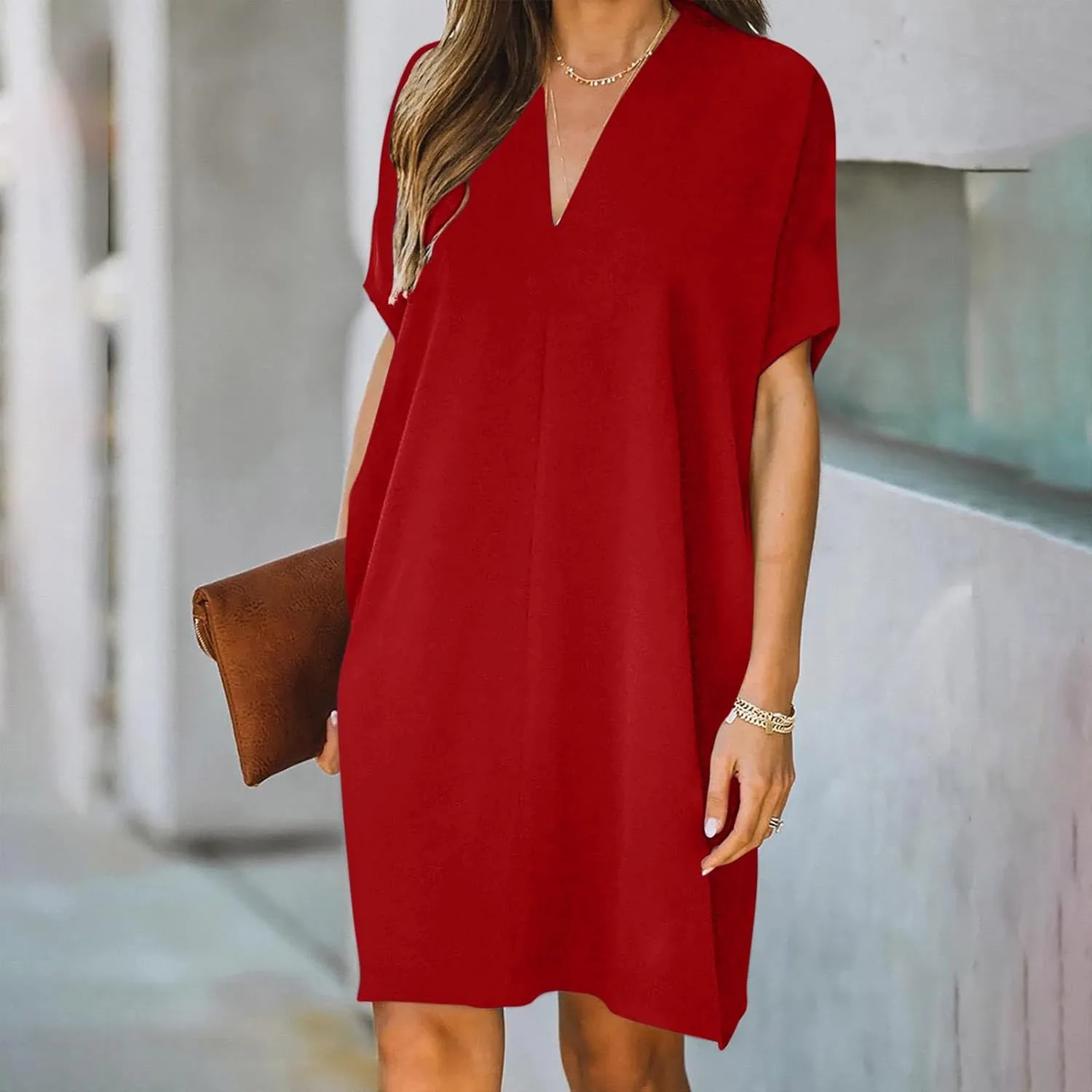 Womens V Neck Short Sleeve Dress Casual Summer T-Shirt Dresses Loose Trendy Solid Sundresses Clothing