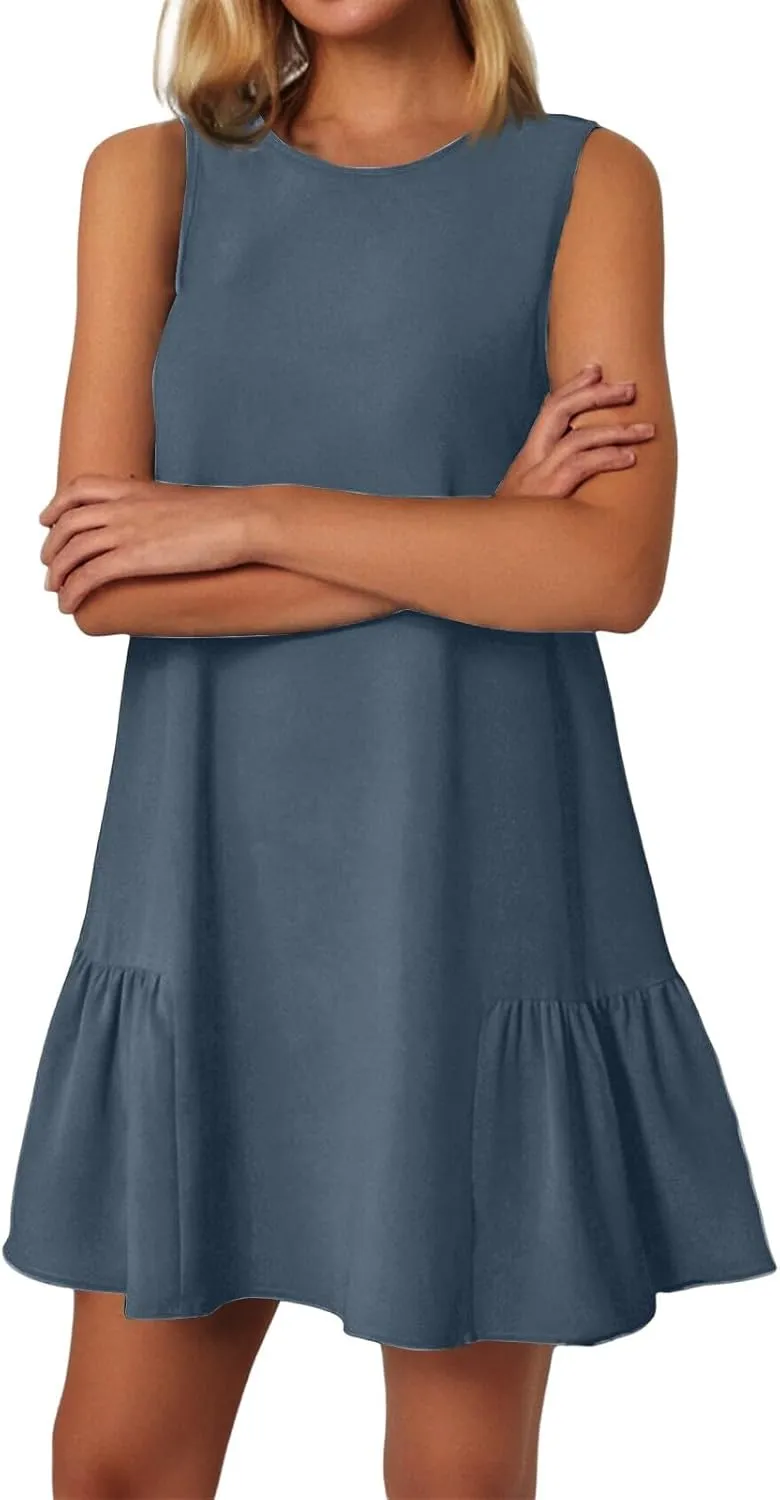 Women's Vacation Outfits 2025 Sleeveless Round Neck Tank Ruffle Loose Mini Sundresses with Pocket, S-2XL