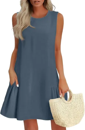 Women's Vacation Outfits 2025 Sleeveless Round Neck Tank Ruffle Loose Mini Sundresses with Pocket, S-2XL