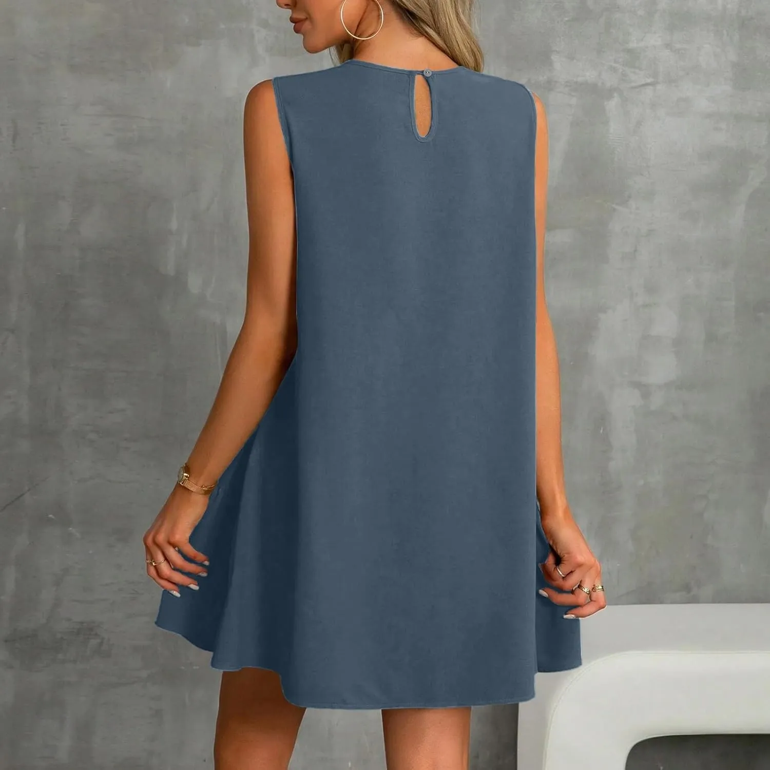 Women's Vacation Outfits 2025 Sleeveless Round Neck Tank Ruffle Loose Mini Sundresses with Pocket, S-2XL