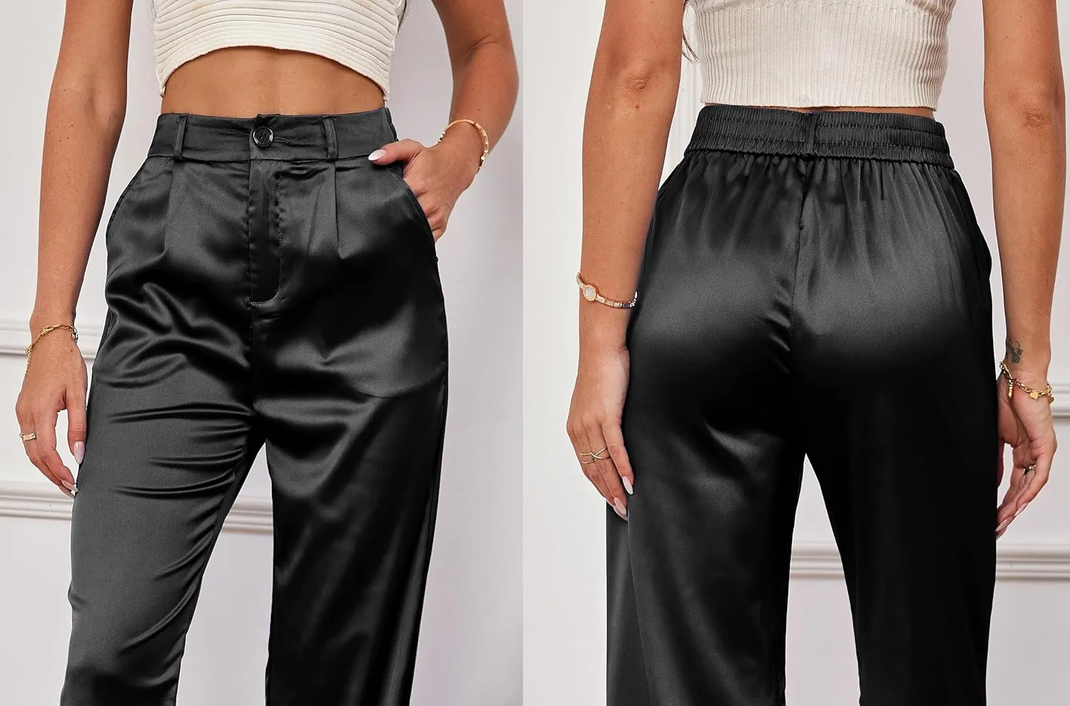 Women's Wide Leg Satin Silky Casual Dress Cocktail Party High Waist Pants