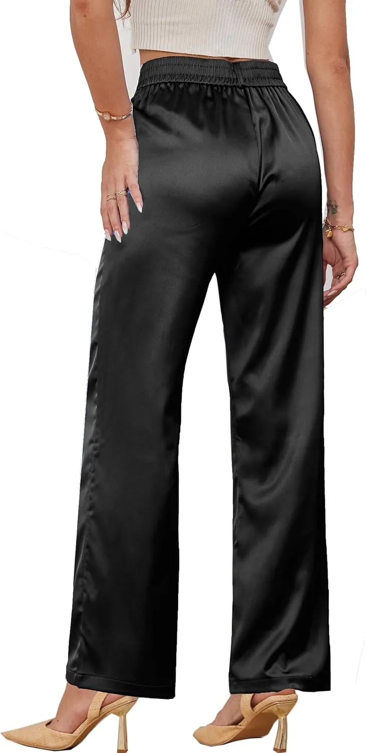 Women's Wide Leg Satin Silky Casual Dress Cocktail Party High Waist Pants