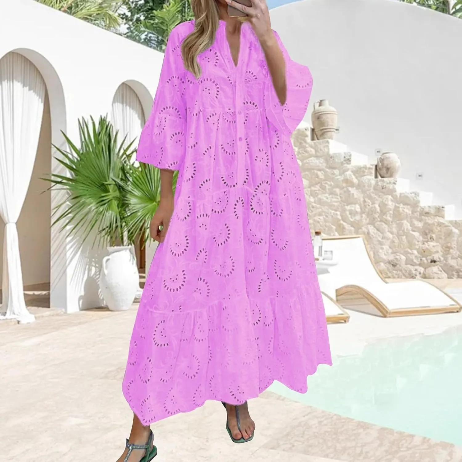 XOWRTE Summer Dresses for Women 2025,Plus Size Casual Cute Babydoll Dress,Tiered Ruffle Flowy Boho Beach Sundress Hollow Out