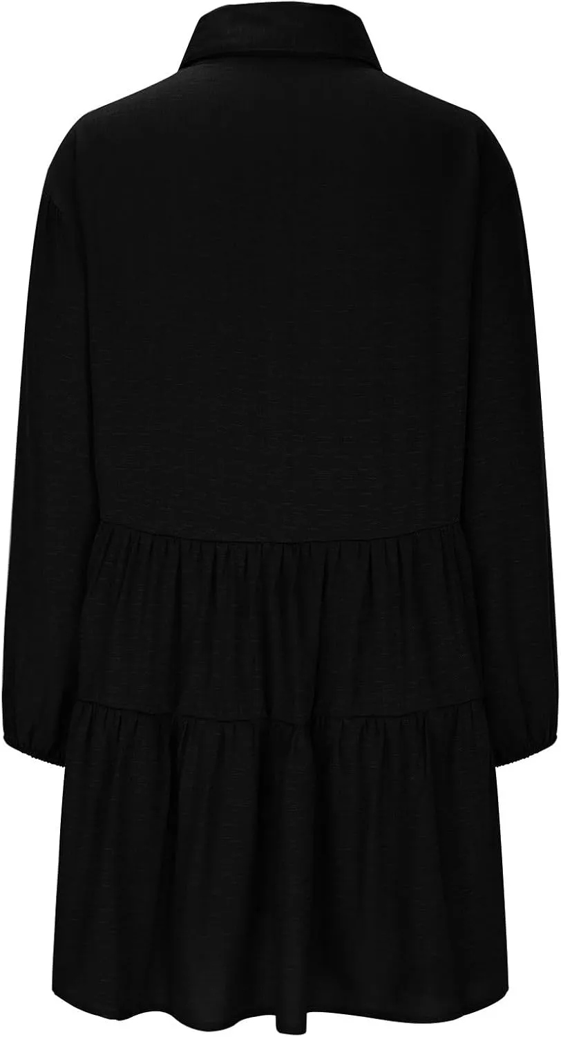 XUNRYAN Womens Cotton Linen Shirt Dresses Casual Button Mini Dress Long Sleeve Tiered Ruffle Casual Summer Dress Fall Outfit