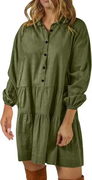 XUNRYAN Womens Cotton Linen Shirt Dresses Casual Button Mini Dress Long Sleeve Tiered Ruffle Casual Summer Dress Fall Outfit