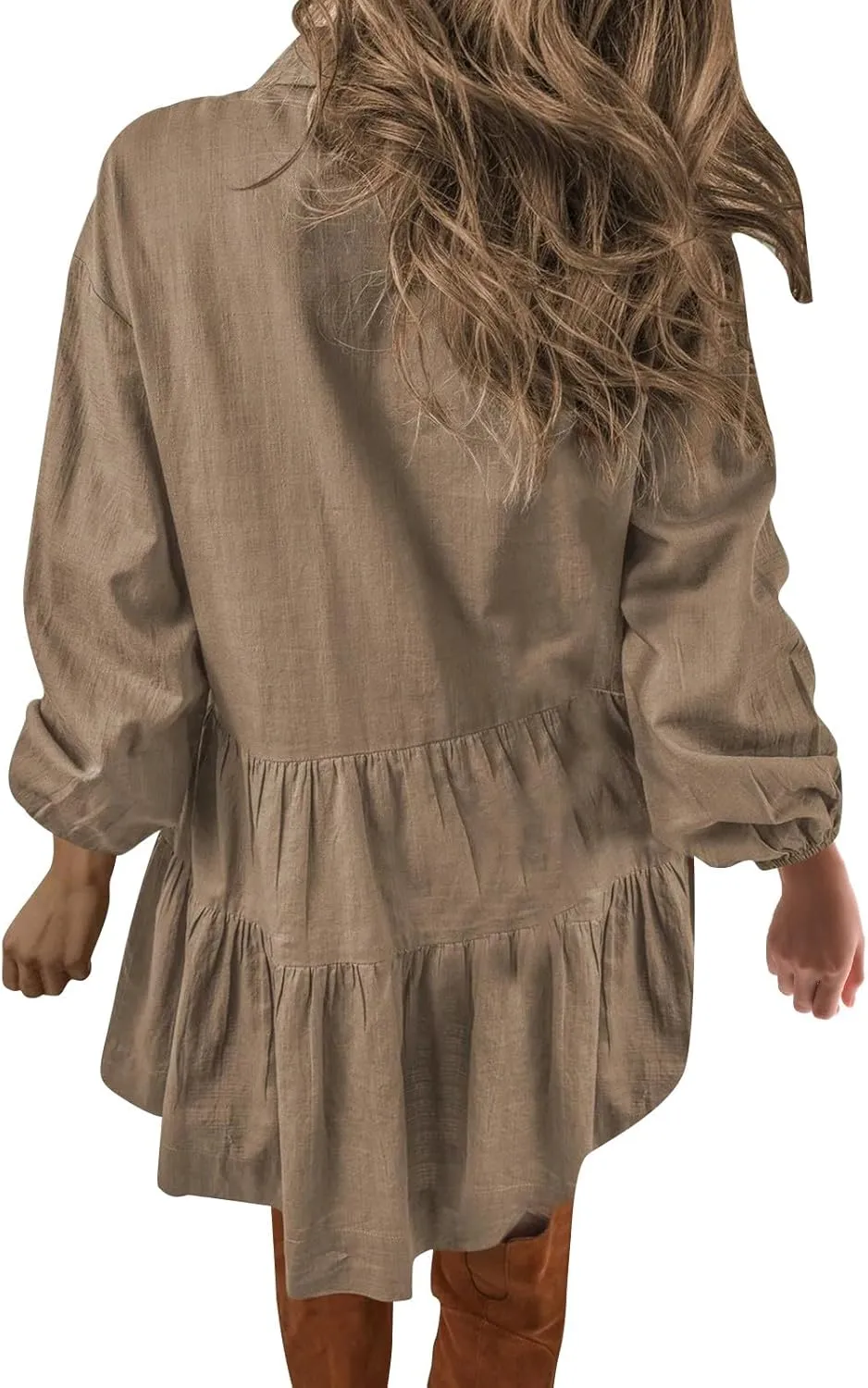 XUNRYAN Womens Cotton Linen Shirt Dresses Casual Button Mini Dress Long Sleeve Tiered Ruffle Casual Summer Dress Fall Outfit