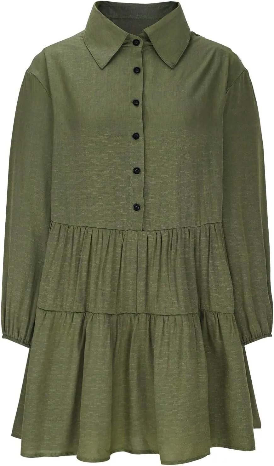 XUNRYAN Womens Cotton Linen Shirt Dresses Casual Button Mini Dress Long Sleeve Tiered Ruffle Casual Summer Dress Fall Outfit
