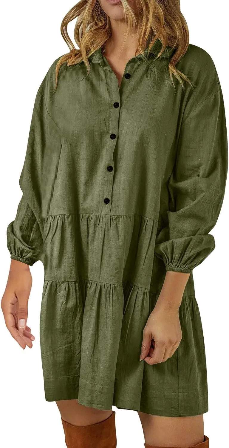 XUNRYAN Womens Cotton Linen Shirt Dresses Casual Button Mini Dress Long Sleeve Tiered Ruffle Casual Summer Dress Fall Outfit