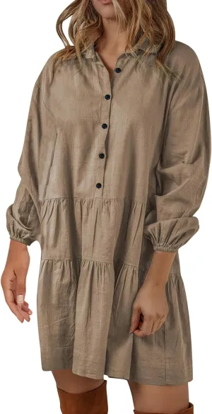 XUNRYAN Womens Cotton Linen Shirt Dresses Casual Button Mini Dress Long Sleeve Tiered Ruffle Casual Summer Dress Fall Outfit