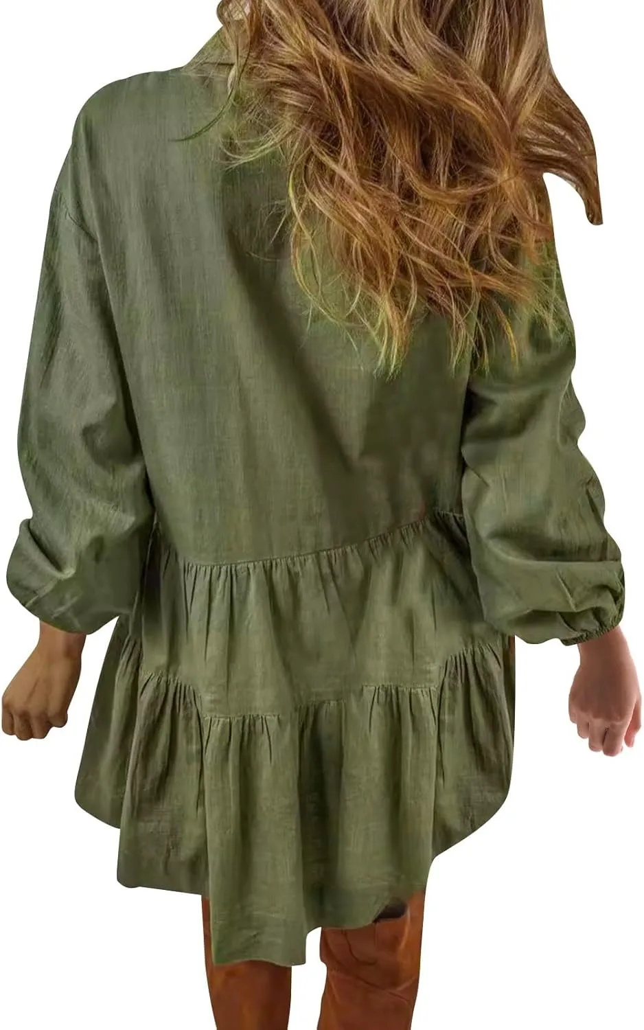 XUNRYAN Womens Cotton Linen Shirt Dresses Casual Button Mini Dress Long Sleeve Tiered Ruffle Casual Summer Dress Fall Outfit