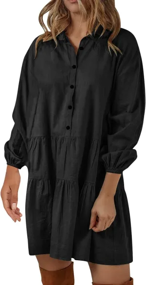 XUNRYAN Womens Cotton Linen Shirt Dresses Casual Button Mini Dress Long Sleeve Tiered Ruffle Casual Summer Dress Fall Outfit