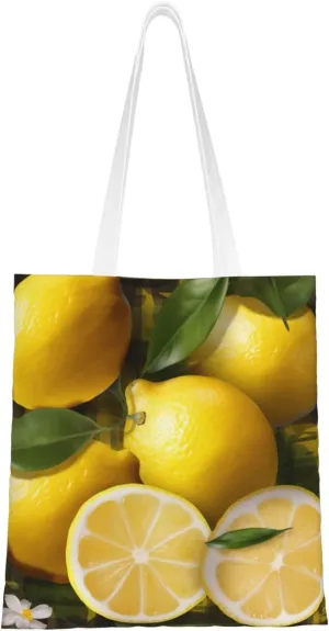 (Yellow Lemon Print) Reusable Canvas Tote Bag For Women Lightweight Handbag Shopping Bag Stylish Shoulder Bag
