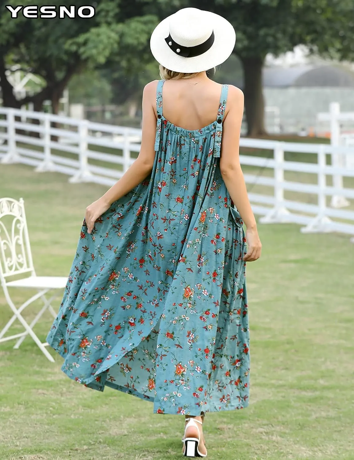 YESNO Maxi Dress for Women with Pockets Boho Summer Dress with Wide Adjustable Buttoned Strap E96