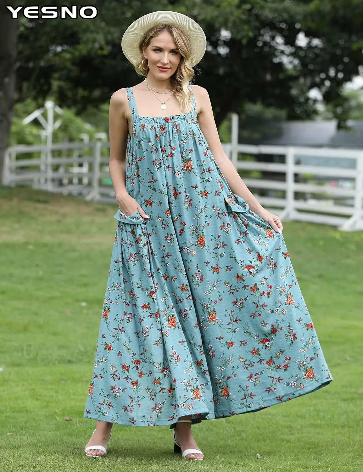 YESNO Maxi Dress for Women with Pockets Boho Summer Dress with Wide Adjustable Buttoned Strap E96
