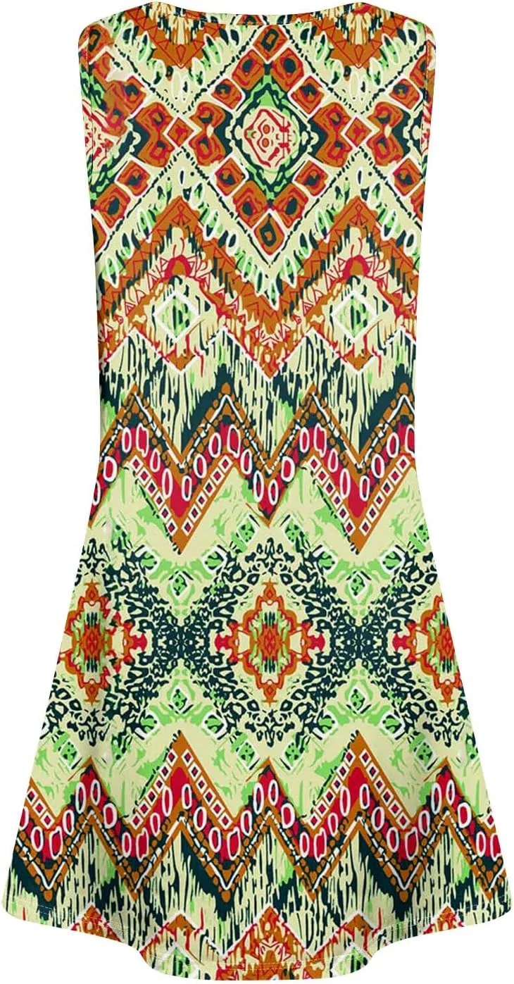 Yesunpxs Women Summer Dresses Loose Sleeveless Mini Dress Casual Beach Sundresses Printed Tshirt Tank Dresses with Pockets