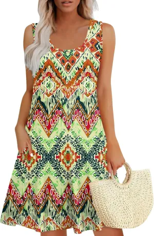 Yesunpxs Women Summer Dresses Loose Sleeveless Mini Dress Casual Beach Sundresses Printed Tshirt Tank Dresses with Pockets
