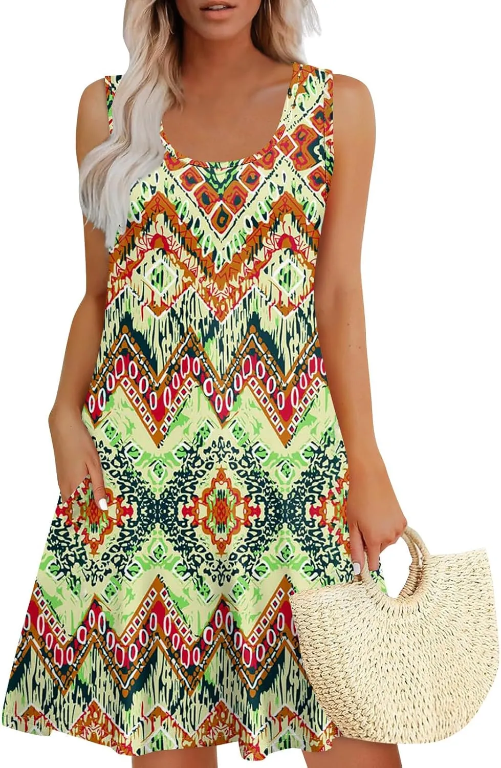 Yesunpxs Women Summer Dresses Loose Sleeveless Mini Dress Casual Beach Sundresses Printed Tshirt Tank Dresses with Pockets