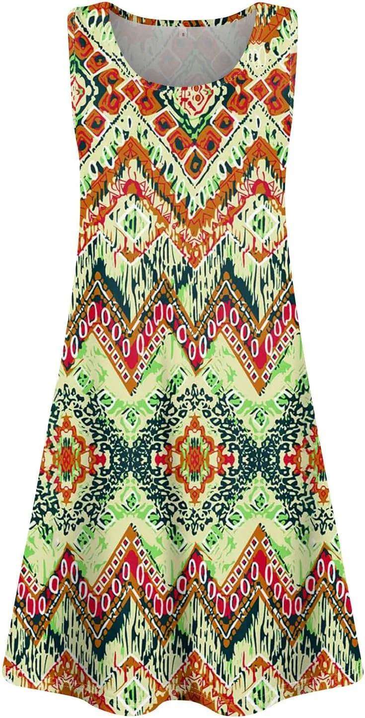 Yesunpxs Women Summer Dresses Loose Sleeveless Mini Dress Casual Beach Sundresses Printed Tshirt Tank Dresses with Pockets