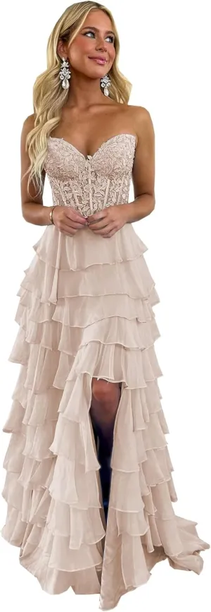 YMFFW Strapless Chiffon Long Prom Dress with Lace Corset Bodice and Ruffle Skirt A Line Evening Formal Party Dresses 2024